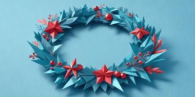 The primary subject of the image is a paper Christmas wreath. The wreath is made of red, white, and blue paper, and it is adorned with berries. The setting is a blue background, which provides a contrasting and festive backdrop for the wreath. The visual style is a combination of digital art and illustration, as the paper wreath is skillfully crafted and presented. The colors and mood of the image are warm and celebratory, as the red, white, and